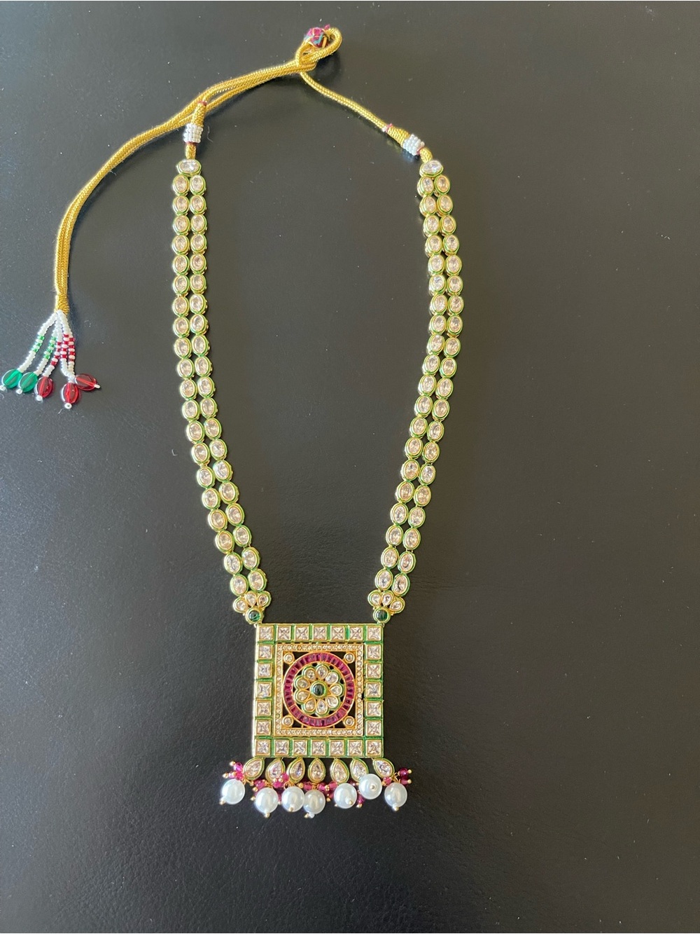 Traditional Green and Gold Kundan Square Pendant Necklace - Women Jewelry